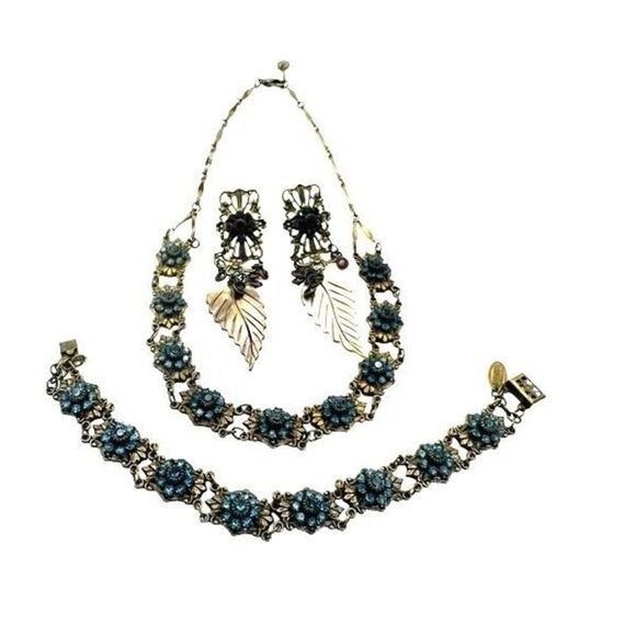 SWAROVSKI & KENNY MA SAN FRANCISCO Full Parure Victorian Crystal Antiqued Brass - Picture 1 of 11